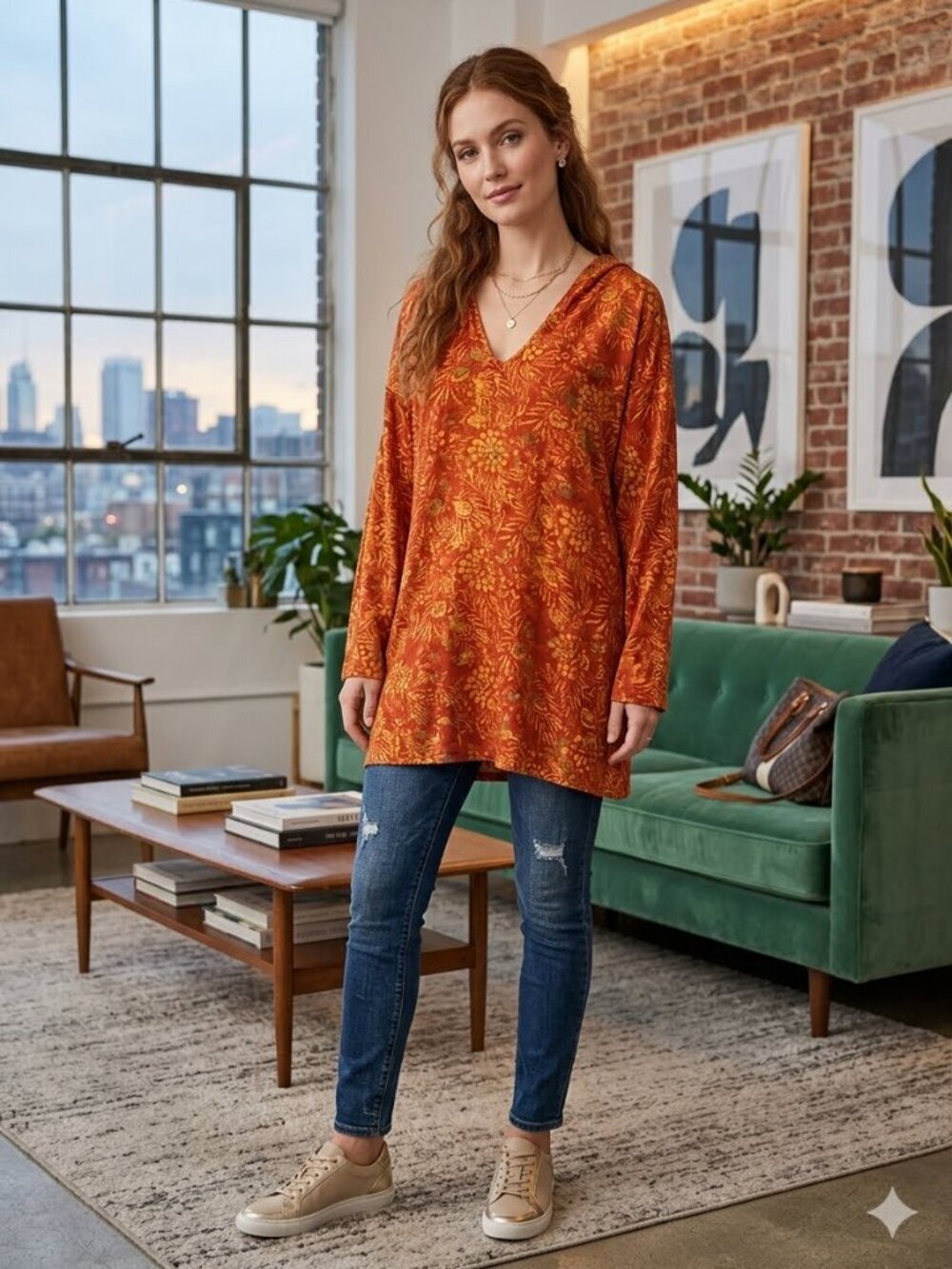 Soft Surroundings Women PS Orange Floral Print Hooded Roll Tab Sleeve Pullover